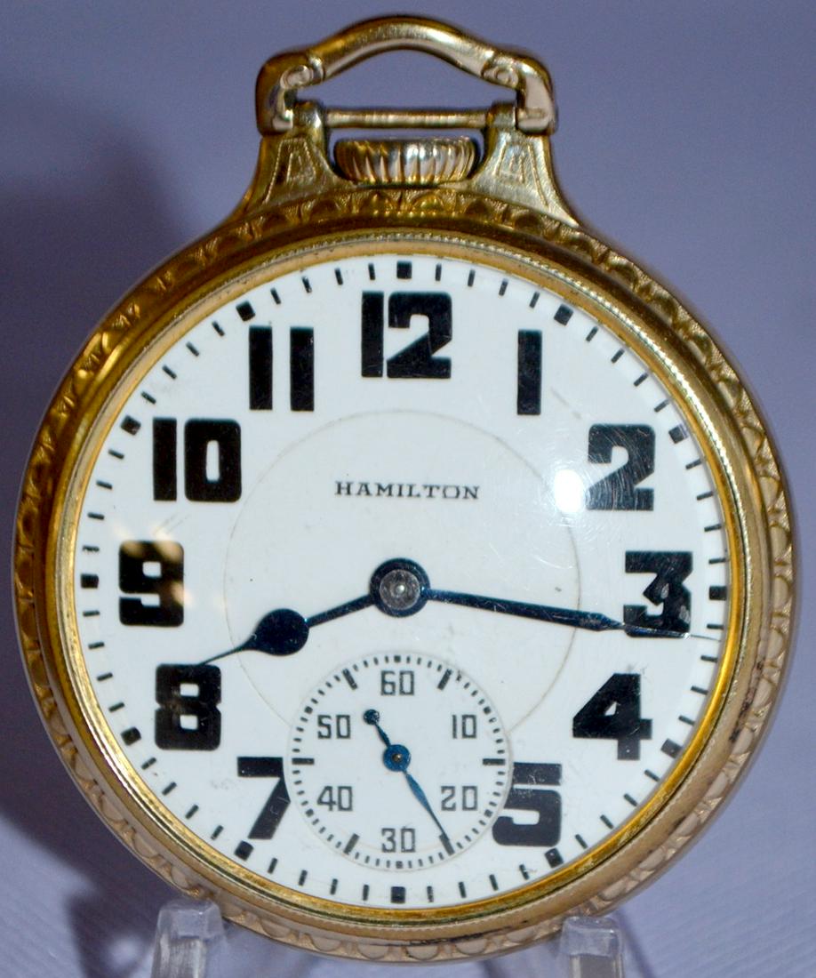 Hamilton 992E Linvar, 21J, 16S, OF Pocket Watch: LS GCT: Hamilton 992E Linvar, 21J, 16S, OF Pocket Watch: LS GCT DR GJS Adj 5P DMK No. 2637366. The DSD looks ok, in a yellow bar over Wadsworth SF&B 10k GF case No. H256324. Case back buffed, scratched & scuf