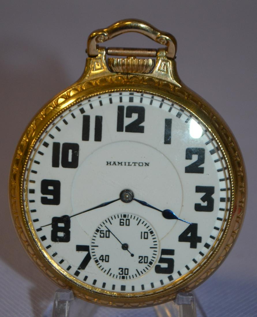 Hamilton 992, 21J, 16S, OF Pocket Watch: LS GF NI 3/4: Hamilton 992, 21J, 16S, OF Pocket Watch: LS GF NI 3/4 GJS DR Adj 5P DMK No. 884240, running. The DSD looks ok. In a yellow bar over Wadsworth 10k GF SF&B case No. H291112. The case back was buffed, le