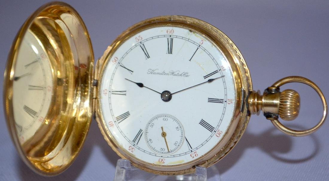 Hamilton 14k 17J Pocket Watch: lever set hunting case, (1 of 7)