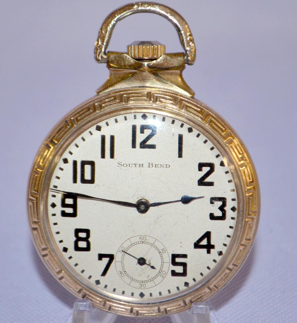 South Bend 227 21J Pocket Watch. 16s OF LS GF DR Adj: South Bend 227 21J Pocket Watch. 16s OF LS GF DR Adj 5P, 3FBRG DMK No. 1130247, runs. 10K GF Railroad Model No. 7026195 Bristol case. Minimal gold wear. The flat silvered dial smudged.