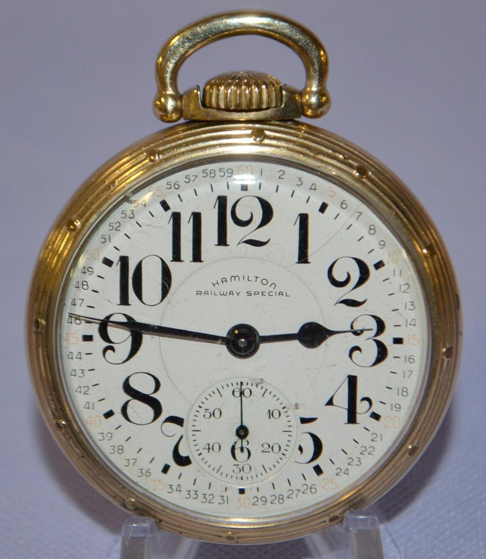 Hamilton 992B, 21J, 16S, OF Pocket Watch: LS GF GJS 3/4: Hamilton 992B, 21J, 16S, OF Pocket Watch: LS GF GJS 3/4 Adj Temp & 6P DMK No. C411752, running. In a yellow SF&B Hamilton 10k GF No. 398008 case. The case back was buffed, scuffing & pin pricks visibl