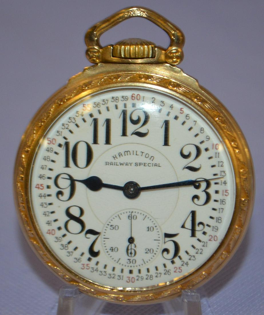 Hamilton 992B, 21J, 16S, OF Pocket Watch: LS GF Adj 6P: Hamilton 992B, 21J, 16S, OF Pocket Watch: LS GF Adj 6P GJS DMK No. C26437, running. In a yellow SF&B Hamilton 10k GF case No. 1308465. The case back was buffed, scuffing & pin pricks visible. The Mont