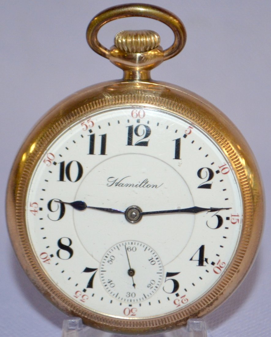Hamilton 940 21 J Pocket Watch: Hamilton 940 21 J Pocket Watch. 18s OF LS GF Full DMK No. 164751. Running. The DSD looks ok. In a yellow SF&B 10k GF No.9784313 J. Boss case. The case back was buffed. Scuffing visible. Movement not m