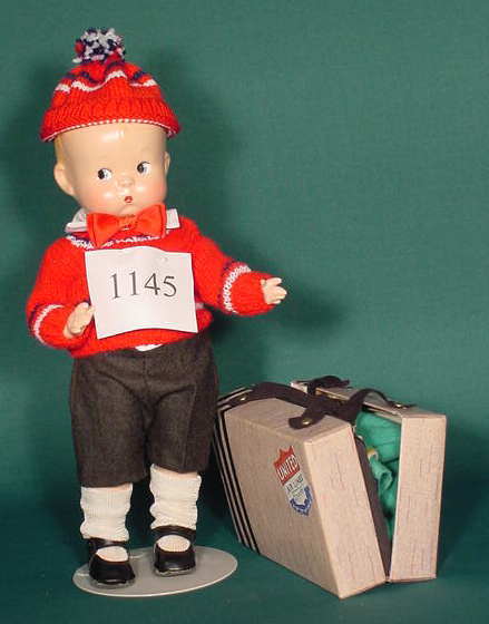 All Compo Repro of Effanbee Skippy Unmarked NR: Please see the hundreds of other quality dolls in this sale! All compo, Reproduction of an Effanbee Skippy, unmarked, painted features, molded hair, trunk & extra clothing 13" T. No Reserve! Note: Suc