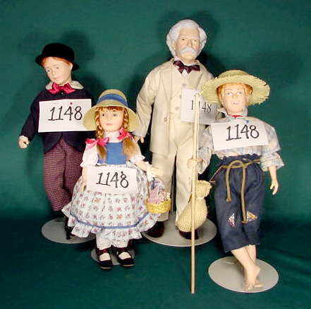 4 Effanbee Dolls: Mark Twain, Tom Sawyer etc NR: Please see the hundreds of other quality dolls in this sale! Group of 4 vinyl Effanbee dolls: Mark Twain (1983), Tom Sawyer (1985), Huck Finn (1983), Becky (1984), and bear 15 1/4" T. No Reserve! Note