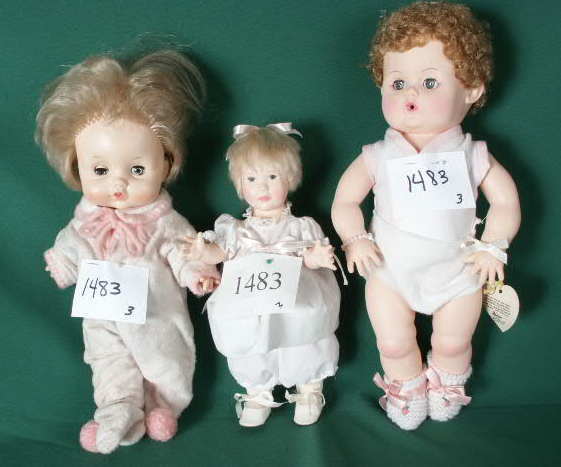 3 Plastic Effanbee Dolls NR: Please see the hundreds of other quality dolls in this sale! 3 Plastic Effanbees dolls: 1st marked ©Effanbee 1969 6569, sleep eyes, painted features, nurser (missing paint above eye lashes; cheek rub