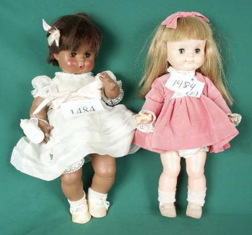 2 All Plastic Effanbee Dolls 1962 & 68 NR: Please see the hundreds of other quality dolls in this sale! 2 All plastic Effanbee dolls: Black doll,marked 14 Effanbee 19©68 2518 on head, and Effanbee 19©68 2808 on back, squeeker, sleep eyes, pa