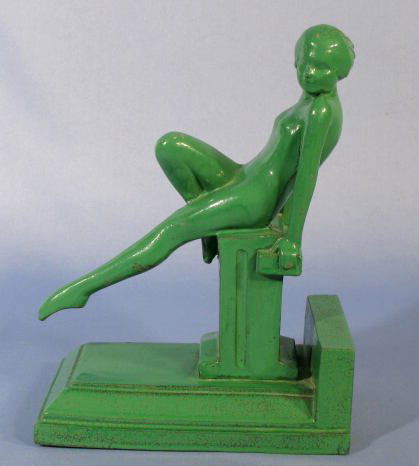 Left Frankart Art Deco Bookend Green Nude: Left Frankart Art Deco Bookend Green Nude: with patent no.84856. Art Deco period, made of spelter. The paint is original. (Some paint is worn, the felt on the bottom is taped in place.) 7 3/4" tall Al
