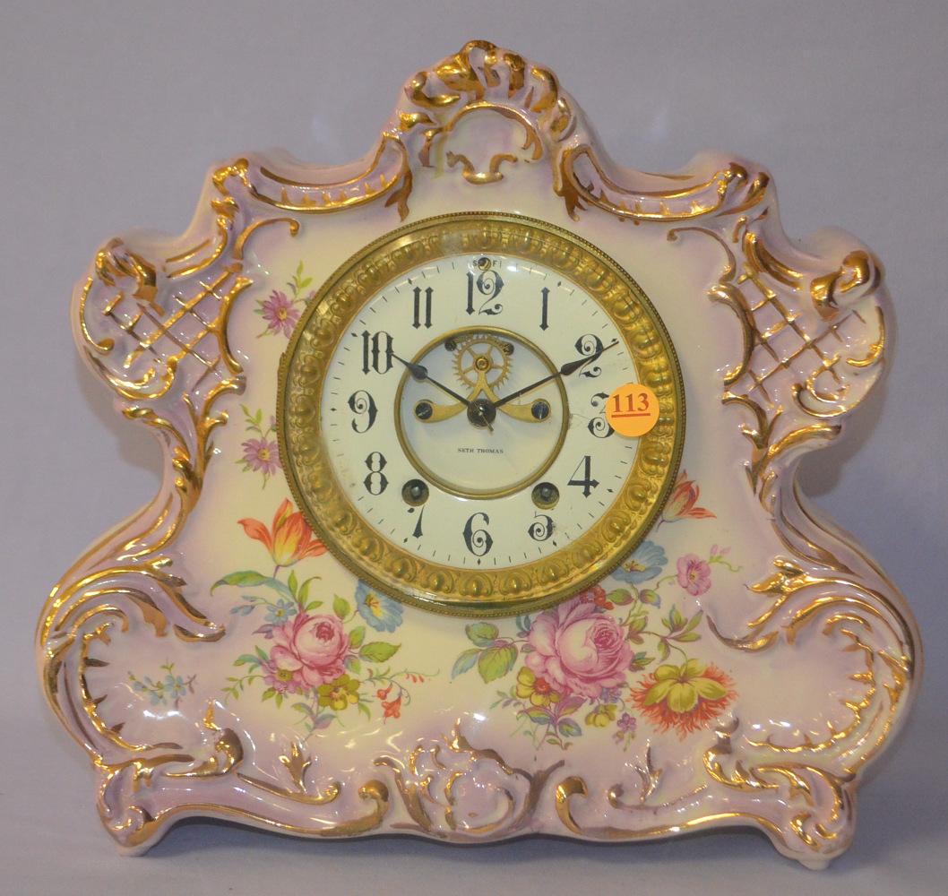 Antique Seth Thomas floral porcelain mantle clock