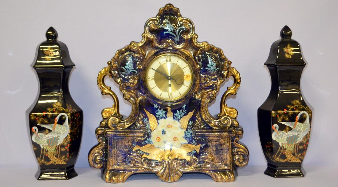 Vintage 3 piece Porcelain Mantle Clock Set (1 of 5)