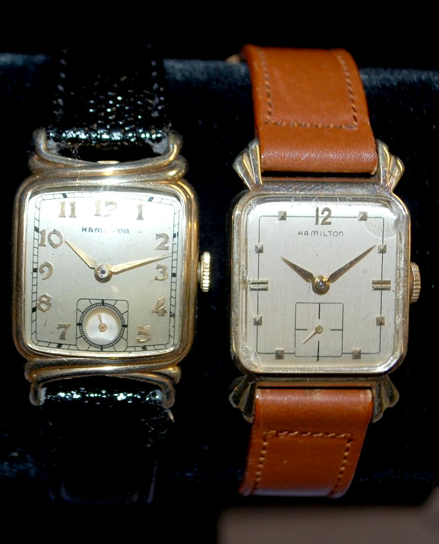 2 Hamilton Men's Wrist Watches: 2 Hamilton Men's Wrist Watches: 1) Hamilton 19J "Carl" case with seconds bit, GF, chipped crystal. 2) Hamilton 17J Model 980, 10K GF case.