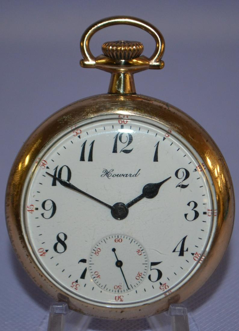E Howard, 17J, 16S, OF Pocket Watch: E Howard, 17J, 16S, OF Pocket Watch: GF PS ADJ GJS DMK NO. 915381, running. SSD looks ok. In a yellow Philadelphia SF&B No 4498646 VICTORY case. The case back was buffed, machine cased design partiall