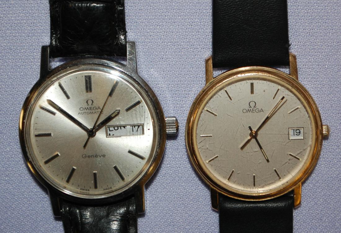 2 Vintage Omega Men's Wrist Watches: 2 Vintage Omega Men's Wrist Watches: 1) 23J Omega Automatic Geneve w/ calendar, quick set, serial 35112917, movement 1022. 2) Omega Quartz w/ calendar, Hadley Roma band