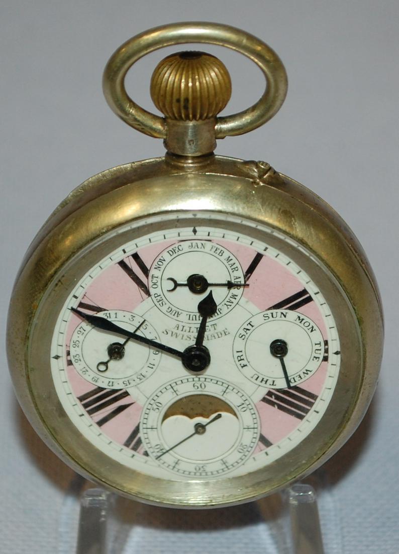 Swiss .800 Silver Calendar Pocket Watch: Swiss .800 Silver Calendar Pocket Watch. Swiss 4 dial movement w/ Day, Date, Month; .800 silver case. SSD w/ opening has hairlines. Button set for Day, date; Running.