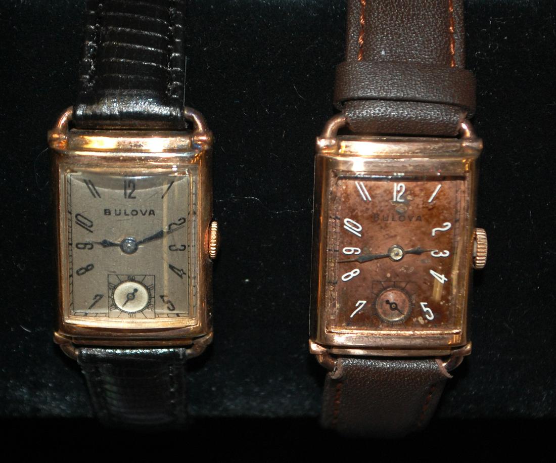 2 Bulova 14K Rose Gold Filled Wrist Watch: 2 Bulova 14K Rose Gold Filled Wrist Watch: 1) 21J movement with silver colored dial in good condition, 14K rose gold colored gold filled case, with light scratches from wear, replaced Hadley Roma leat