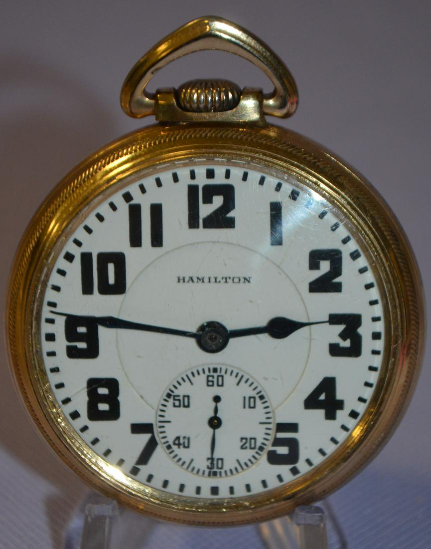 Hamilton 992, 21J, 16S, OF Pocket Watch: Hamilton 992, 21J, 16S, OF Pocket Watch: LS GF DR GJS Ad j5P NI 3/4 DMK No. 2489743, running. In a yellow SF&B Keystone 10K RGP Victory case No. 5023228. The case back is heavily scuffed. The DSD has
