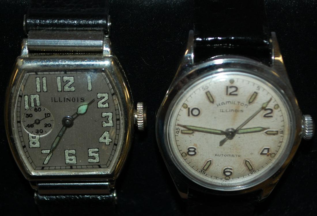 Lot of 2 Vintage Mens Wrist Watches: Lot of 2 Vintage Mens Wrist Watches. 1.) Illinois 15J Generic circa 1926, luminus hands and numbers, seconds bit at 9 o'clock, 14k gold filled case, with ornate sides. Very good condition case and dia