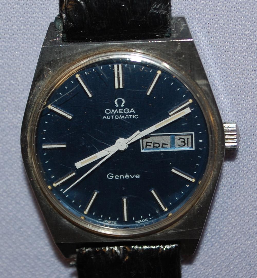 Omega Automatic Blue Dial 23J Wrist Watch: Omega Automatic Blue Dial 23J Wrist Watch: Omega Automatic movement caliber 1022, 23J, 34262993, stainless steel case, minor scratches/scuffs, crystal has a couple light scratches, blue dial signed Om