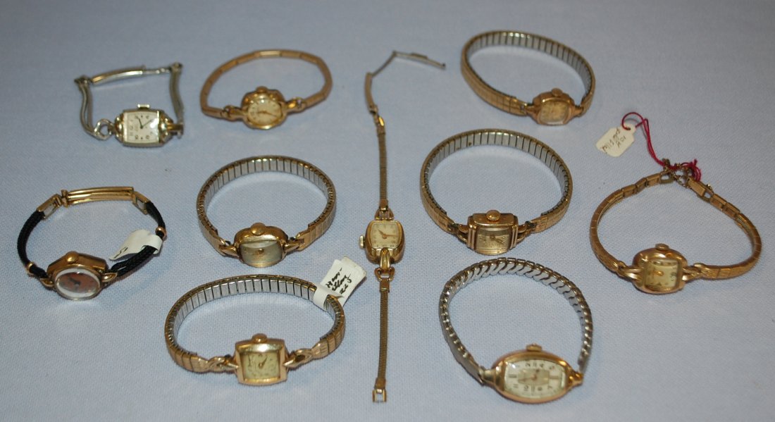 10 GF Women's Wrist Watches: 10 GF Women's Wrist Watches: all 10 are gold filled cases, 3 are Hamilton, 2 are Longines, 1 Wittnauer, 1 Waltham, 1 Bulova, 1 Elgin, 1 Gothic, all are untested, some could easily be restored, other a