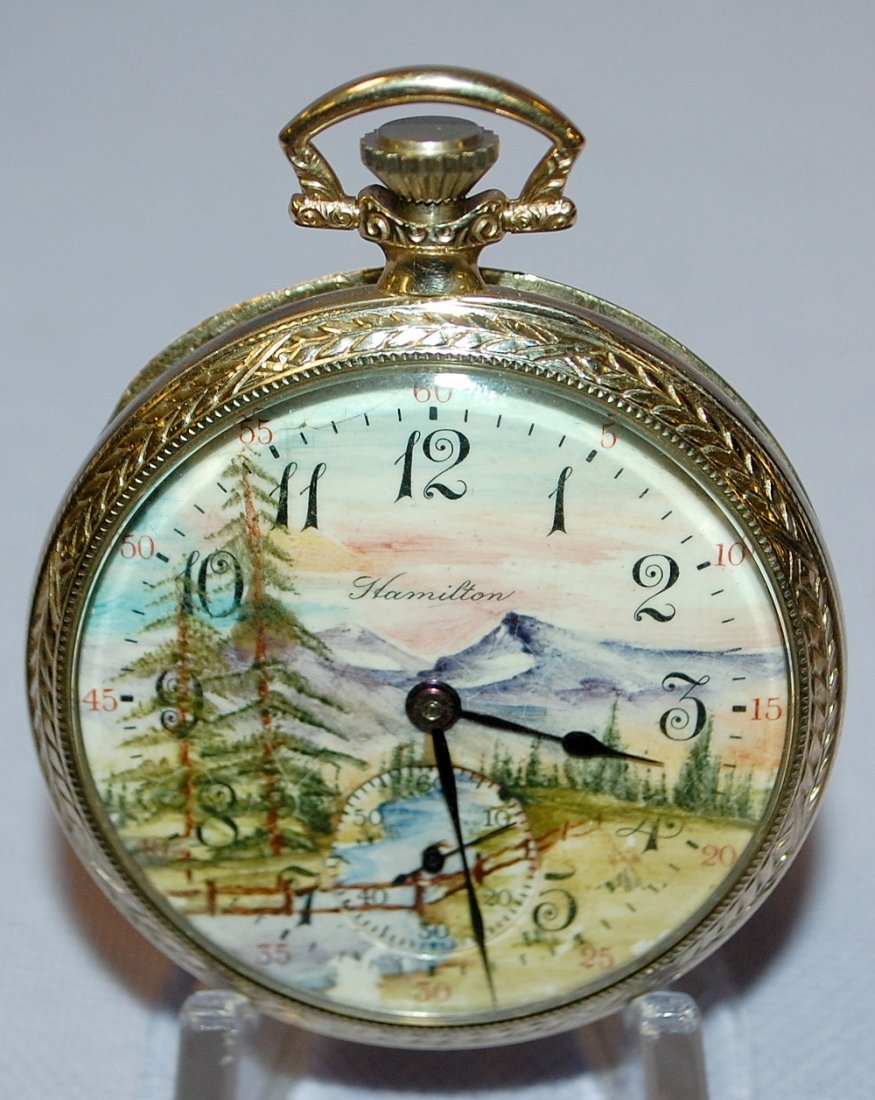 Hamilton Model 914 14K WG Pocket Watch: Hamilton model 914 17J movement, 1870750, Hamilton SSD w/ mountain scene on dial, some crazing of art, 14K white gold signed Hamilton case in very good condition with light scratches, running.
