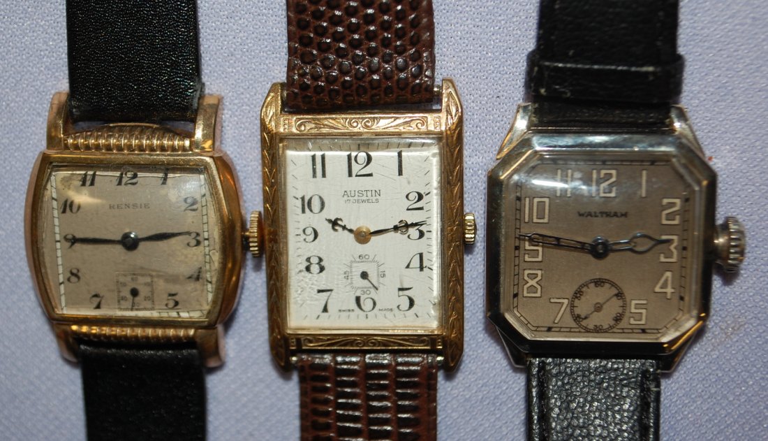 Lot of 3 Classic Men's Wrist Watch: Lot of 3 Classic Men's Wrist Watch. 1.) Austin 17J movement in gold colored case w/ stainless back; very nice dial. Brown leather replacement band. Not running. 2.) Waltham 7J movement in 14k GF case;