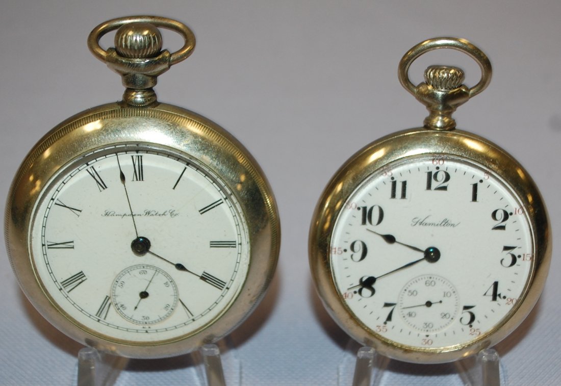 2 OF Pocket Watches, Hamilton, Hampden: 2 OF Pocket Watches, Hamilton, Hampden: 1) Hamilton 974, 17J, 16S, PWPS movement w/ damaskeened plates, star nickel, case w/ light wear, SSD signed in very good condition, running. 2) Hampden Grade 65