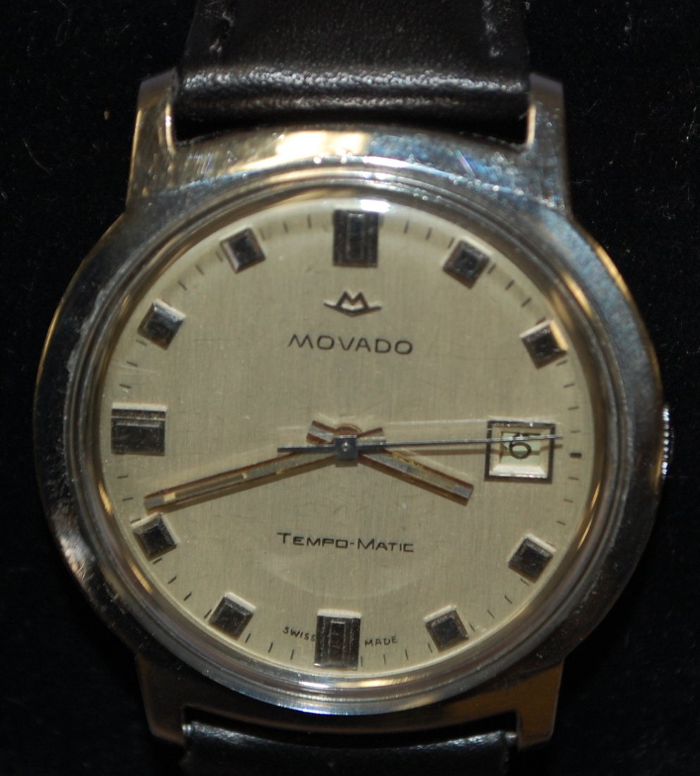 Movado 25J Tempo-Matic Wrist Watch: Movado 25J Tempo-Matic Wrist Watch: Cal 608, Movado back with sub-sea engraved, brown leather band, running.