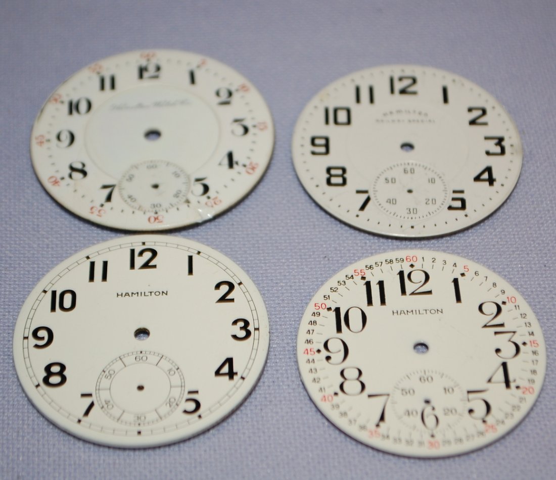 4 Hamilton Pocket Watch Dials: 4 Hamilton Pocket Watch Dials: 1) Railway special double sunk, 2) double sunk with seconds 3) seconds dial 4) seconds dial with second numerals around edge.
