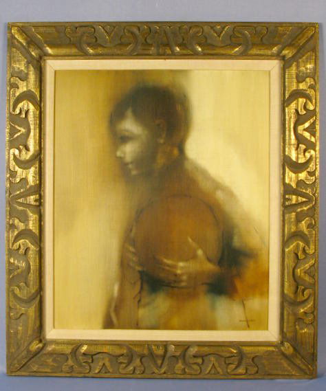 Zora Duvall "Young Boy with Ball" Painting: Zora Duvall "Young Boy with Ball" Painting: originally from Czechoslovakia, she studied and taught at Coe College and State University of Iowa. The painting simply depicts a young boy with a ball held