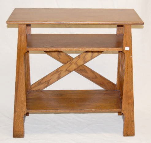 Oak Table w/2 Shelves: Oak Table w/2 Shelves: on the ends, there are 5 oak slats with their narrow sides facing outward. One shelf is just below the top. The other is 7" from the floor. An X shaped brace is across the back.