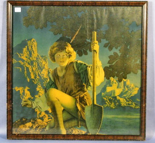 Maxfield Parrish "Jack & the Beanstalk" Print: Maxfield Parrish "Jack & the Beanstalk" Print: this the top of a Ferry Seeds poster. (There are some wrinkles and a small tear on the top. The wrinkles are scattered about, you have to look close to s