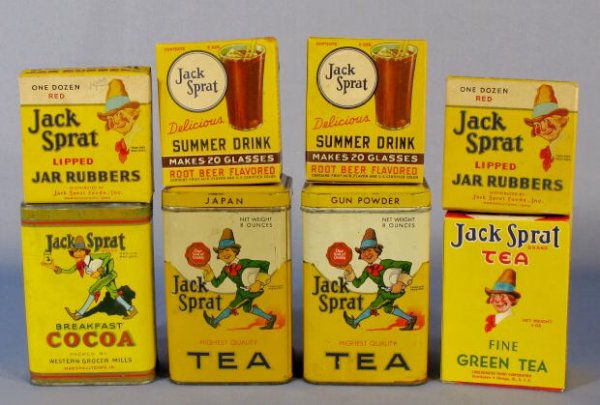 Group of 8 Jack Sprat Product Containers: Group of 8 Jack Sprat Product Containers: the first 7 are from Marshalltown, the last is from Chicago. 1.) Jar rubber box, has some left in it. 2.) Jar rubber box. 3.) Summer drink box. Rootbeer flavo