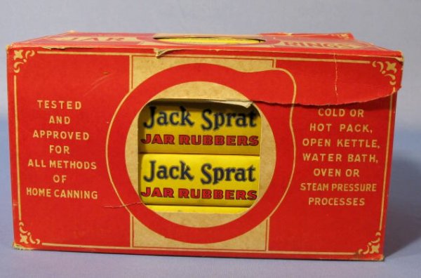 Jack Sprat Jar Rubbers (288) in Display Box: Jack Sprat Jar Rubbers (288) in Display Box: the box holds 24 boxes of 12 jar rubbers each and has never been opened. They were made for and sold by Jack Sprat Foods, Inc. of Marshalltown, Iowa. The c