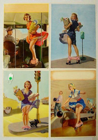 4 Calendar Top Samples, Pink Panty Girls: 4 Calendar Top Samples, Pink Panty Girls: all have pink panties down to their ankles. All by artist Frahm. Circa 1952. 1.) Holds groceries at a bus stop. 2.) With groceries at a street light. 3.) In a
