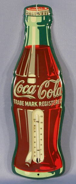 Coca Cola Tin Litho Thermometer, Circa 1950's: Coca Cola Tin Litho Thermometer, Circa 1950's: bottle shape. (The glass tube is broken. There is corrosion in the recessed area.) 17" long All items sell As Is, Where Is, no guarantees of any kind. We