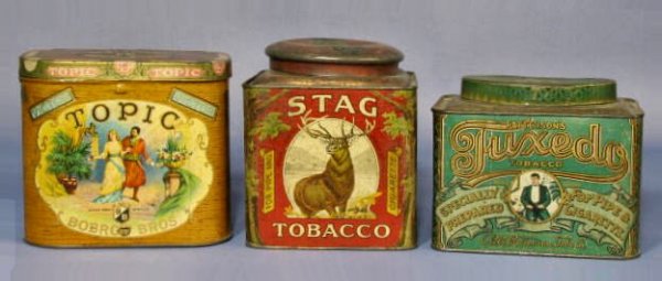 3 Tobacco Boxes: Stag, Tuxedo & Topic: 3 Tobacco Boxes: all tin litho and larger than pocket size. 1.) Stag is square, 6" tall 2.) Tuxedo is rectangular, 5" tall 3.) Topic is rectangular, 5 3/8" tall (None are in mint condition.) All items