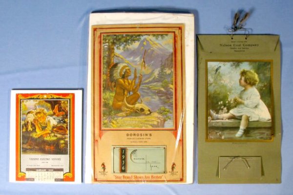 Group of 3 Marshalltown Advertising Calendars: Group of 3 Marshalltown Advertising Calendars: 1.) 1951 Vajgert Electric Service. Shown is a boy and dog by a stream. With full pad. 9 3/8" x 6 3/8" (The pad has some mouse chews on its lower edge.) 2