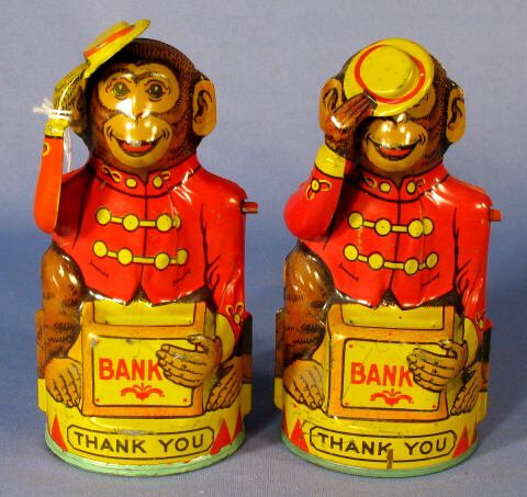 2 J. Chein Tipping Hat Monkey Tin Litho Banks: 2 J. Chein Tin Litho Tipping Hat Monkey Banks: when a coin is inserted, the monkey tips his hat to the donor. (One is missing the coin trap. Both have some scratches and wear, not too serious.) 5" tal