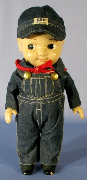 Buddy Lee Train Engineer Hard Plastic Doll: Buddy Lee Hard Plastic Train Engineer Doll: dressed in Lee, Union made clothing with hat and kerchief around the throat. (There is some wear on the hair and boot fronts. Otherwise very clean.) 12 1/2"