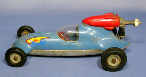 Thimble Drome Prop Rod Toy Racer: Thimble Drome Prop Rod Toy Racer: cast aluminm with blue body and red .049 motor. The cockpit is domed with clear plastic. (The propeller on back is broken. A decal on the front left side is from Fris