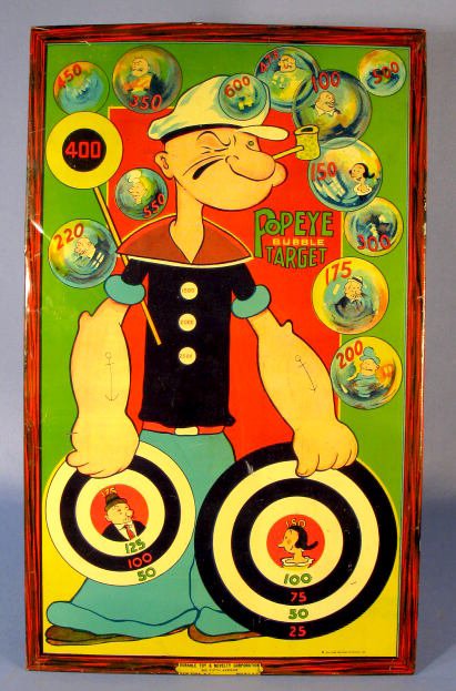 Popeye 1935 Bubble Target Game: Popeye 1935 Bubble Target Game: made by Durable Toy & Novelty Corp. of New York City for King Features. The colorful tin front has cardboard backing and is free standing. (This is all we have of the g