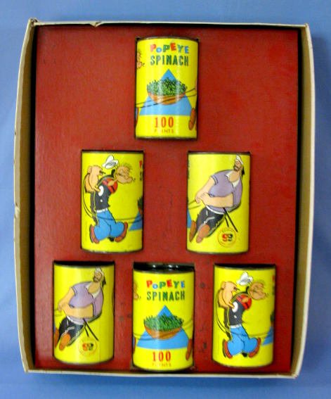 Popeye Bean Bag Bowling: Popeye Bean Bag Bowling: 6 cardboard and tin cans with Popeye and Pluto in a tug of war, and also Popeye's spinach is displayed. Made for King Features by Gardner Toys & Games. The box is not with it,
