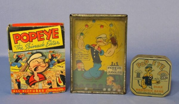Group of 3 Popeye Items: Bank, Book & Game: Group of 3 Popeye Items: 1.) The 1929 Dime Register bank is tin litho. It locks at the first dime and unlocks at $5.00. With gold tone finish. 2 1/2" x 2 1/2" (There is only minor wear on the edges.) 