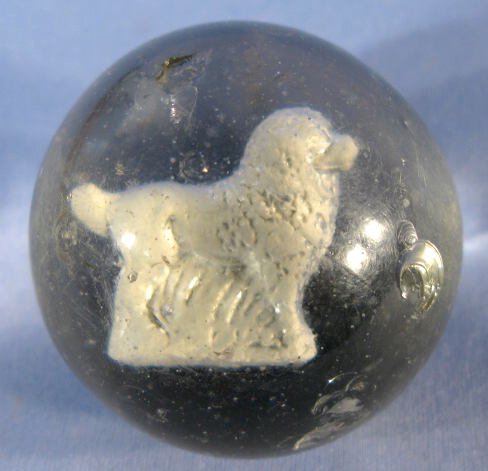 Sulphide Marble w/Standing French Poodle: Sulphide Marble w/Standing French Poodle: with a single pontil. The poodle dog is well groomed and detailed. (There are several large abrasions and smaller nicks and scratches. Never ground.) 2 1/8" w