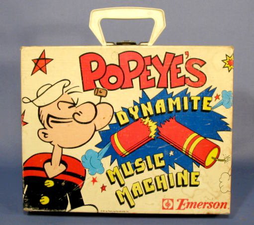 Emerson Popeye Dynamite Music Machine Toy : Popeye Dynamite Music Machine Toy by Emerson: it accepts 3 record sizes. (There are signs of use inside and out. The turn table and arm are in need of a good cleaning.) Case- 4 1/4" t x 12" x 9 1/2" a