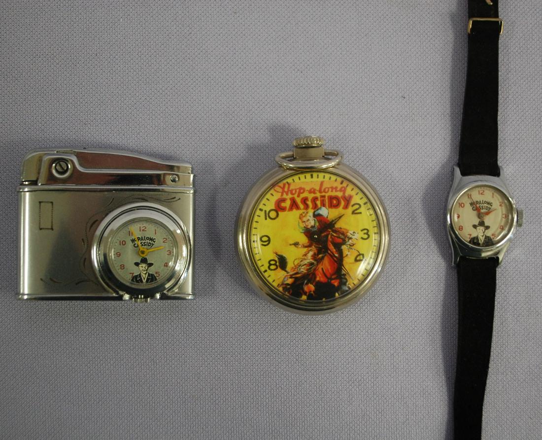 3 Hopalong Cassidy Wrist, Pocket, and Lighter Watches: 3 Hopalong Cassidy Wrist, Pocket, and Lighter Watches. It has grey dial, name and likeness. Made in Japan, running. 2- Timex wrist watch with same dial as the lighter. Not running. 3- The pocket watch