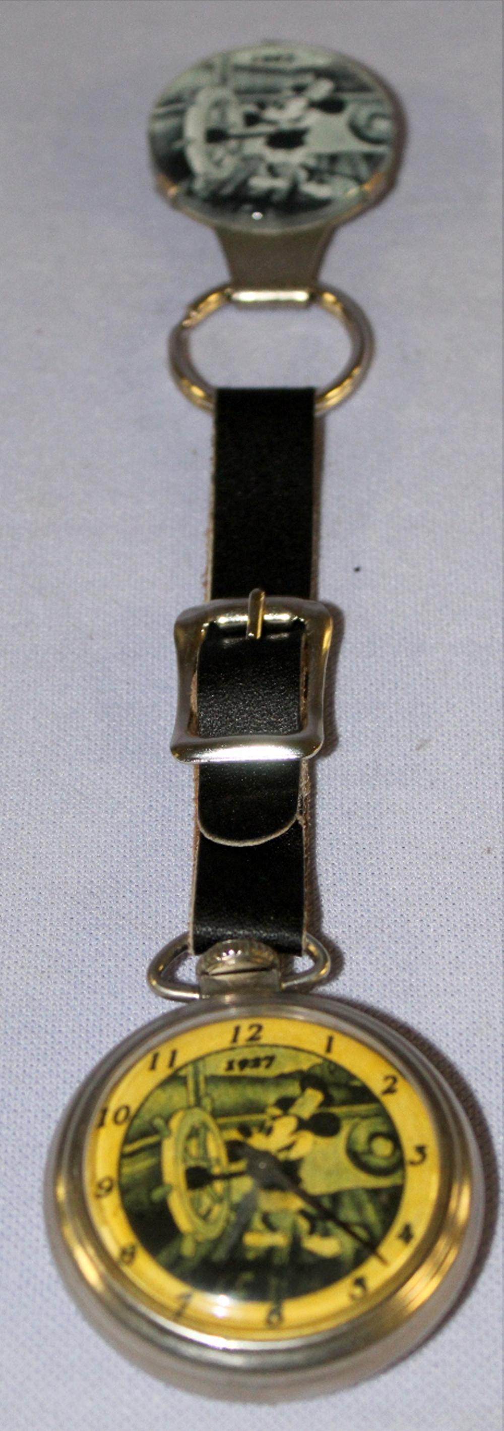 Mickey Mouse Pocket Watch with Fob on Leather Strap (1 of 4)