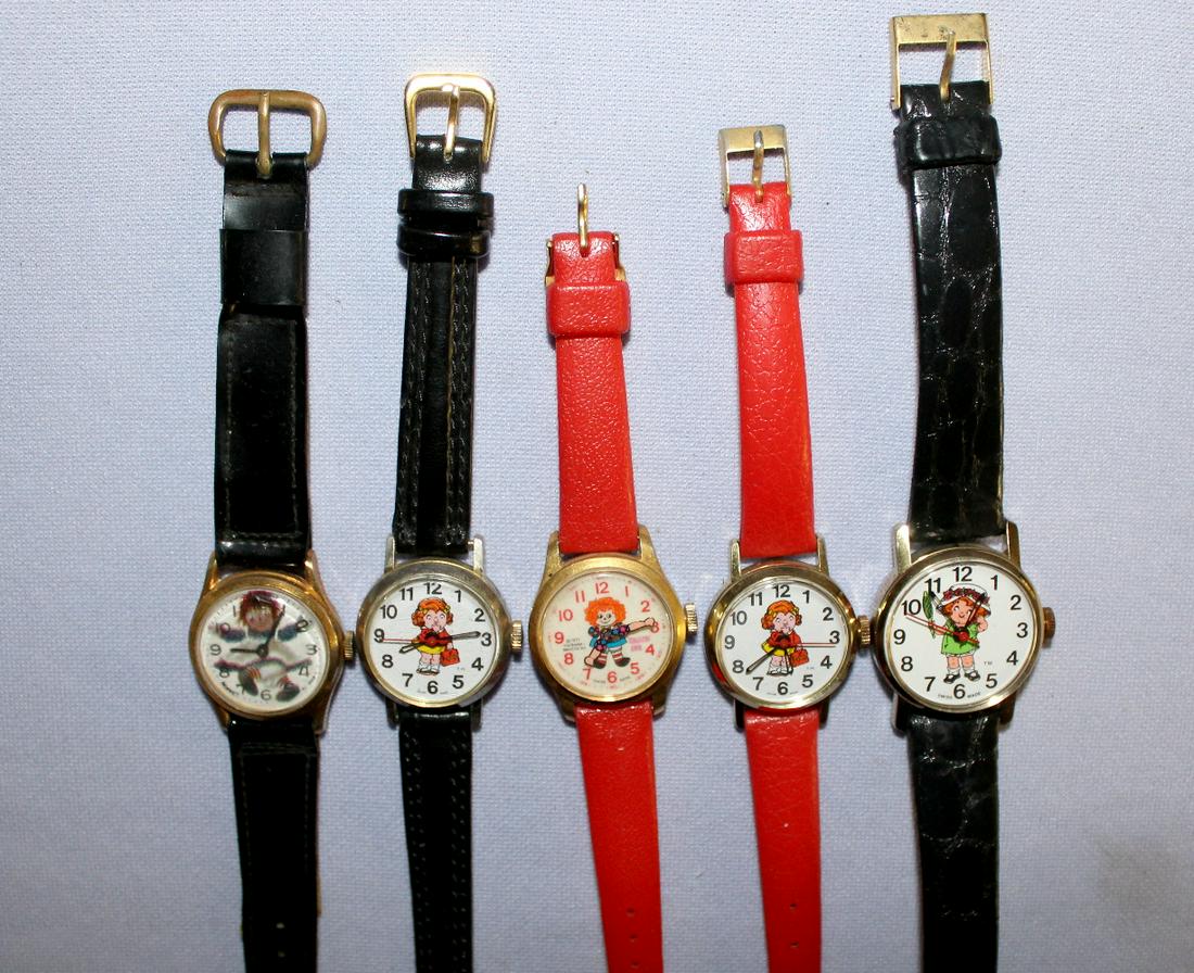5 Raggedy Ann Wrist Watches: 5 Raggedy Ann Wrist Watches. See photos- None tested. **All watches are sold as is- where is and are untested unless otherwise noted. Please see pictures to determine condition. All sales are final.
