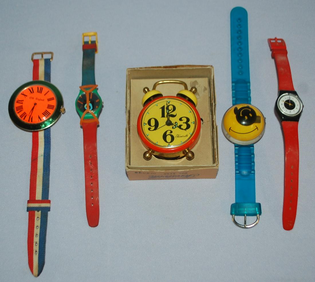 Children's Alarm Clock & 4 Wrist Watches: Children's Alarm Clock & 4 Wrist Watches. 1- Forestville Noll Z6 alarm in box- not running. The Old English, Lurg, wrist watch runs- the others are all battery operated and not tested. See photos. **A