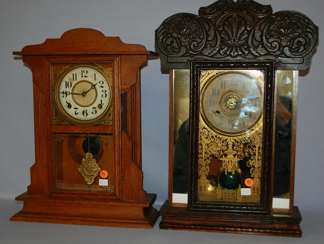 2 Mantle Clocks, New Haven, Ingraham: 2 Mantle Clocks, New Haven, Ingraham: both have signed dials, brass movements, T&S, one has alarm, carved wood cases, good glass. 21 1/2" x 15"